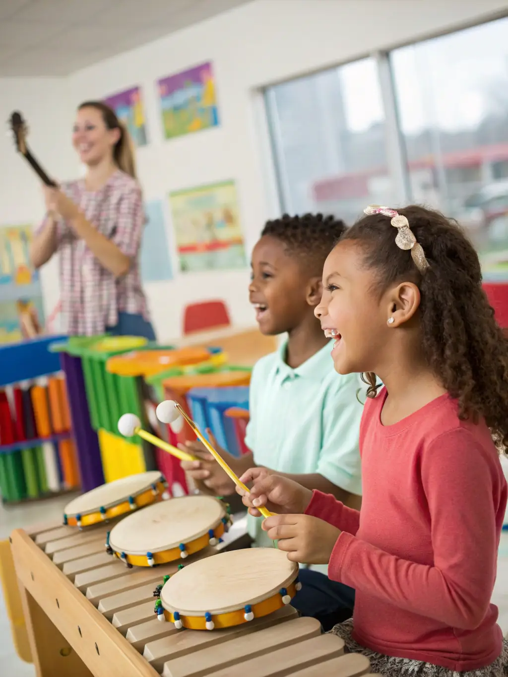 A vibrant photograph capturing a children's music workshop at DE-SI-DE-LA-17, showing kids playing various instruments with smiles, set against a colorful backdrop of musical notes and art supplies.