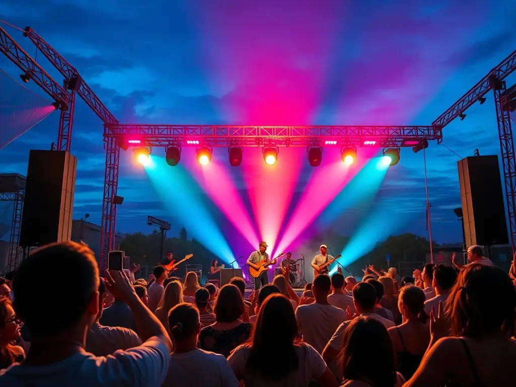 A dynamic photograph capturing a live musical performance organized by DE-SI-DE-LA-17, featuring local musicians on stage with enthusiastic audience members enjoying the show.