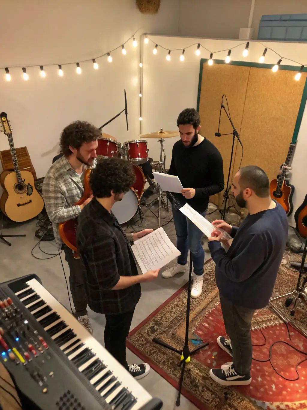 A photograph of a collaborative songwriting session taking place in DE-SI-DE-LA-17's community music space, emphasizing the organization's focus on fostering collaboration and artistic development.