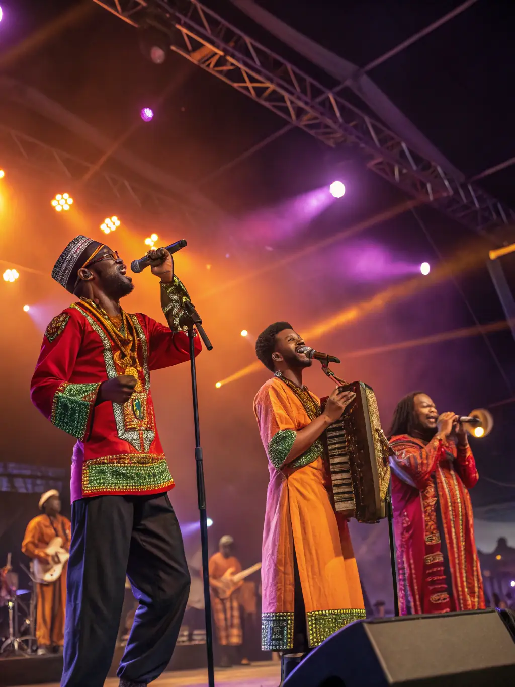 A dynamic image of a live band performing at a DE-SI-DE-LA-17 cultural event, with diverse audience members enjoying the music and atmosphere, showcasing the energy and inclusivity of the event.