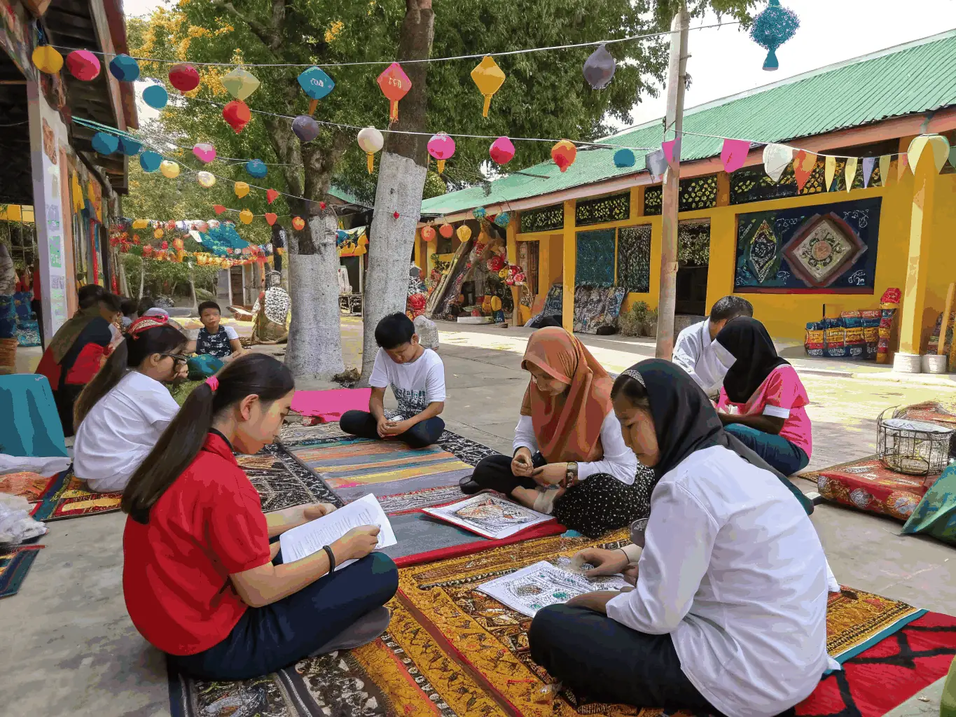 A heartwarming image of children participating in a cultural exchange program organized by DE-SI-DE-LA-17, showcasing them learning about different cultures through art, music, and storytelling.