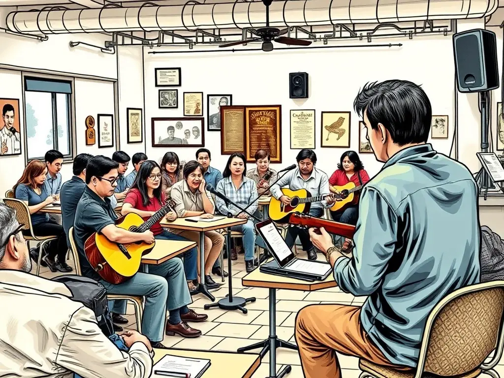 A vibrant image of a community music workshop in progress, showing participants of various ages and backgrounds engaged in learning and playing musical instruments together in a brightly lit, welcoming space.