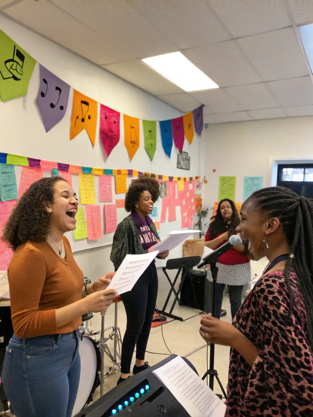 A photo of a community choir rehearsing in the DE-SI-DE-LA-17 music space, with singers of all ages and backgrounds harmonizing together, emphasizing the sense of community and shared passion for music.