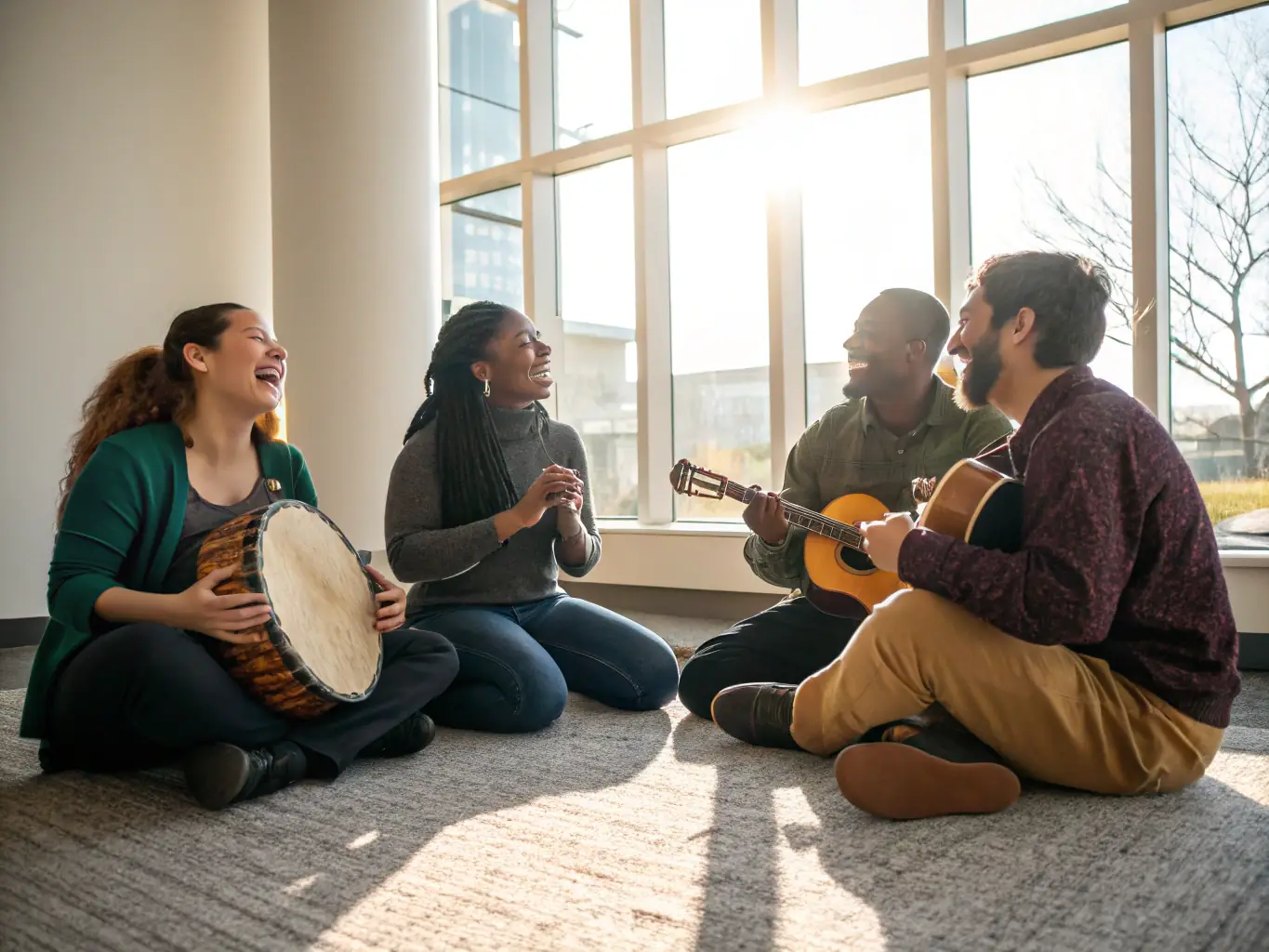 A vibrant photograph capturing a diverse group of community members participating in a DE-SI-DE-LA-17 music workshop, showcasing the collaborative and inclusive atmosphere.